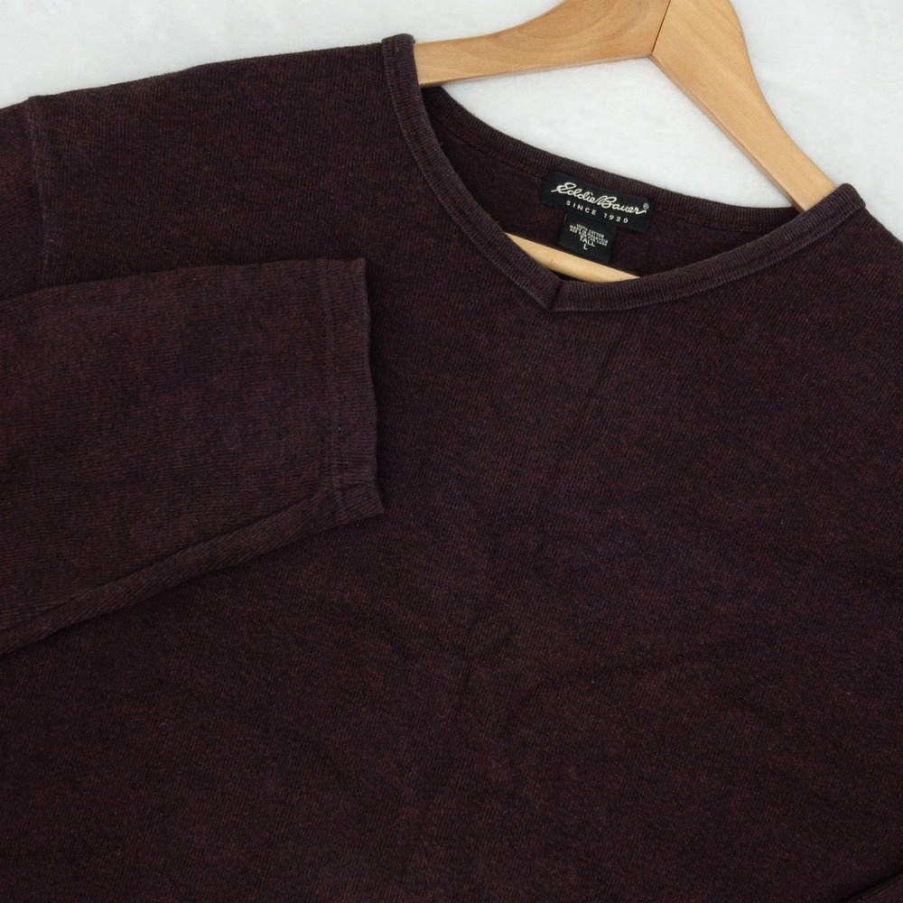 Eddie Bauer Long Sleeve Shirt Mens Large Tall Purple Burgundy V-Neck Cotton